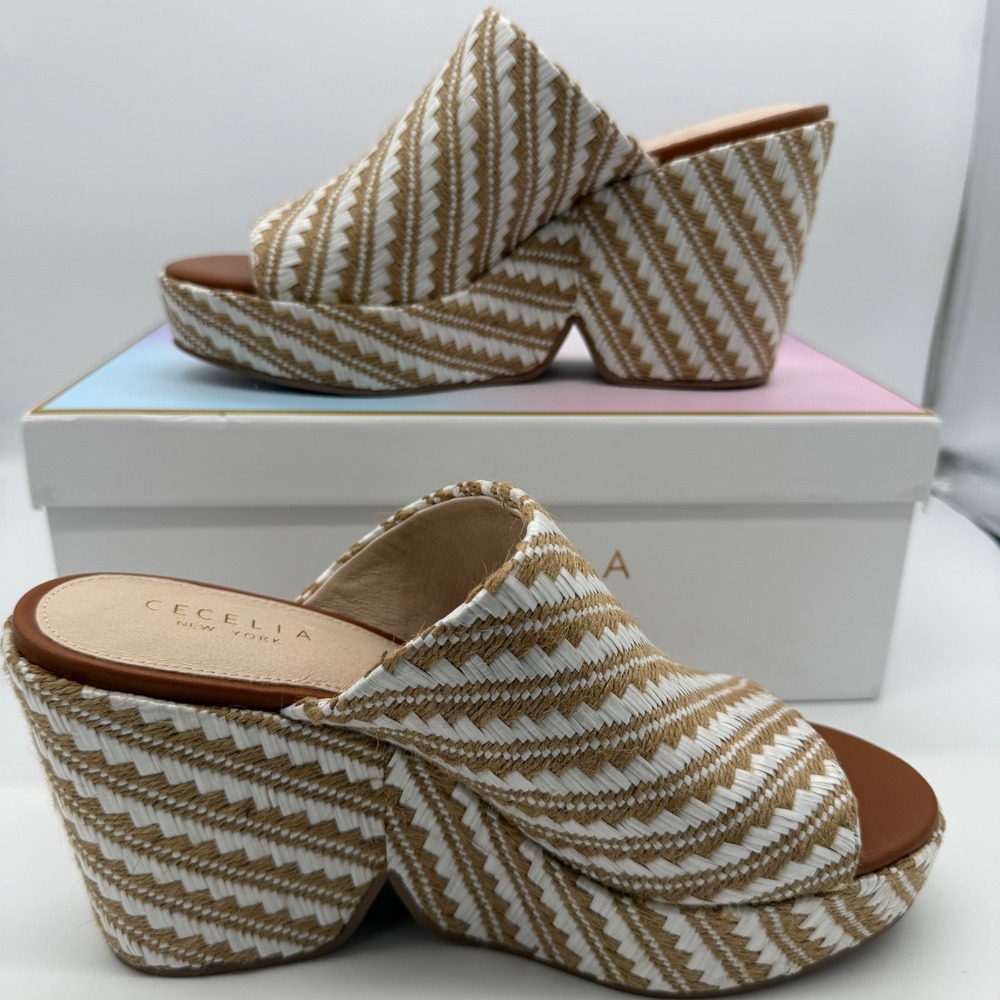 Cecelia New York Frost White Natural Raffia Platform Wedge Sandals Boho 8.5 New